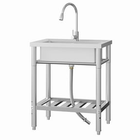28 Inch Commercial Kitchen Sink, Single Bowl Stainless Steel Utility Sink with Pull-Out Faucet, Freestanding Washing Hand Basin with Open Storage Shelf for Garage, Restaurant, Laundry Room