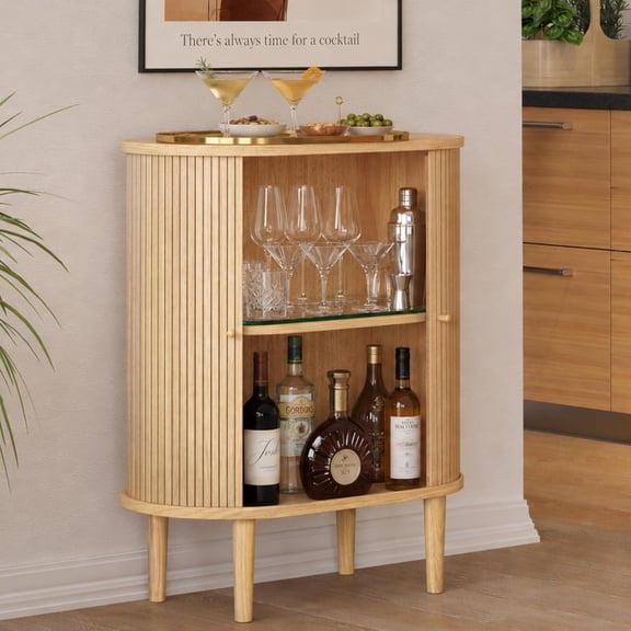 28 Inch Fluted Oak Bar Cabinet with Sliding Doors, Adjustable Shelf &