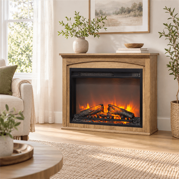 28-Inch Freestanding Electric Fireplace with Wood Mantel, 23-Inch Infrared Quartz Heater, Remote Control & Adjustable Flame
