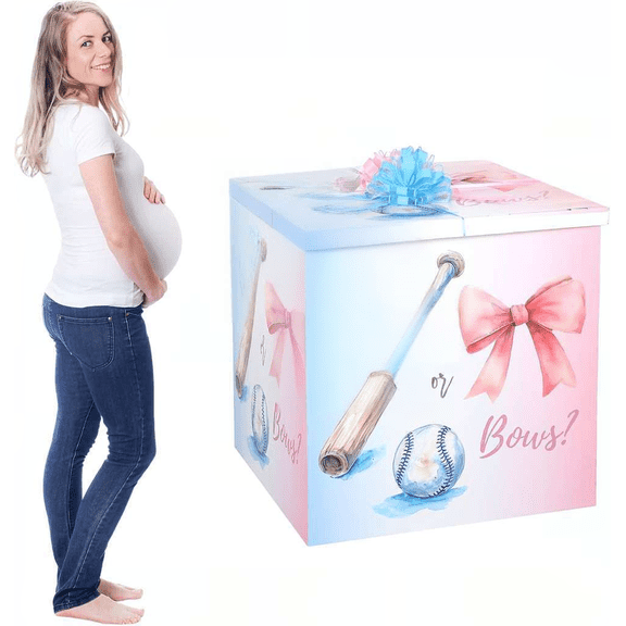 28 Inch Gender Reveal Gift Box with Lid Oversized Balloon Box Pull Bows or Baseballs