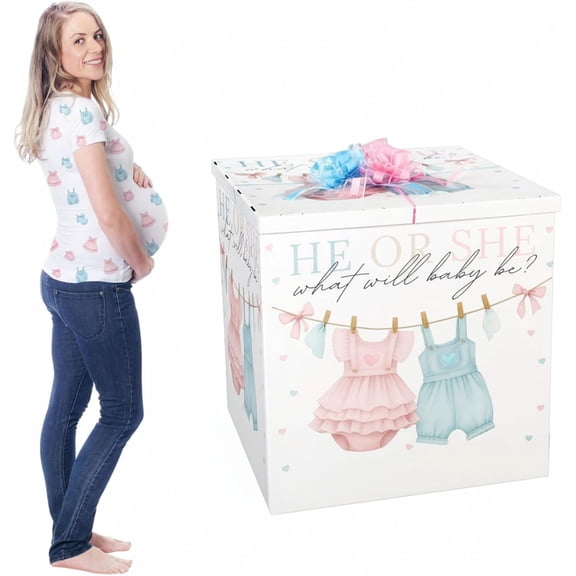 28 Inch Giant Gender Reveal Gift Box with Lid Kit Oversized Balloon Box Large Pull Bows for Baby Shower Birthday Party Decor Baby Clothes
