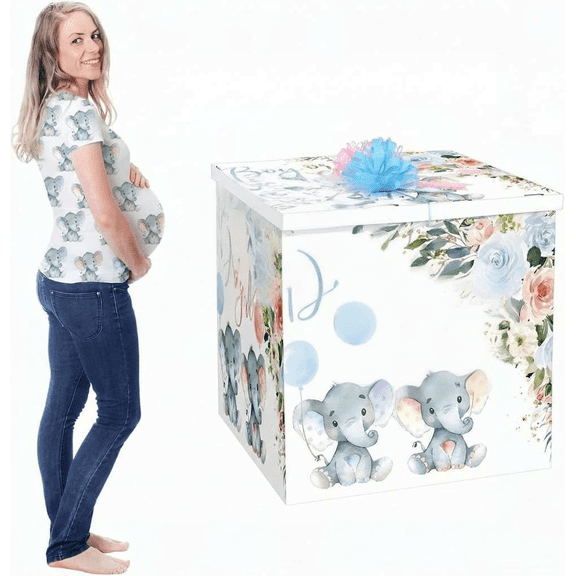 28 Inch Giant Gender Reveal Gift Box with Lid Oversized Balloon Box Large Pull Bows Baby Shower Party Decor Baby Elephant