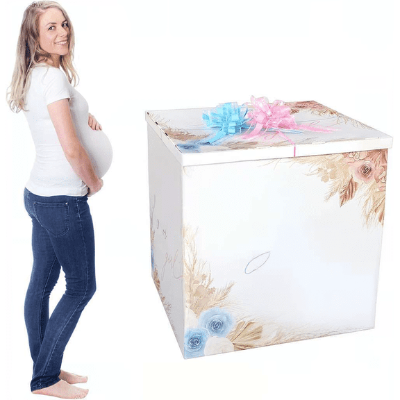 28 Inch Giant Gender Reveal Gift Box with Lid Oversized Balloon Box Large Pull Bows Boho Flower Style