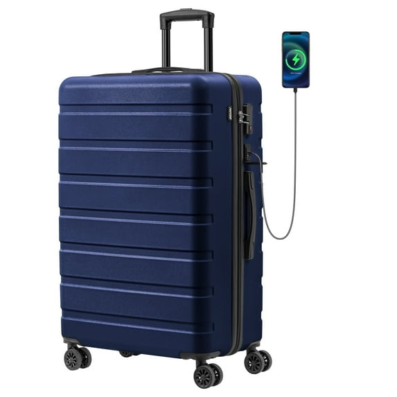 Checked Luggage PC ABS Hardside Suitcase with wheels USB Port Lightweight Luggage with TSA Lock 28 inch DarkBlue
