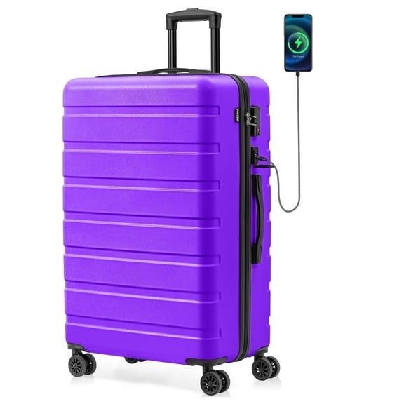 Checked Luggage PC ABS Hardside Suitcase with wheels USB Port Lightweight Luggage with TSA Lock 28 inch VioletPurple