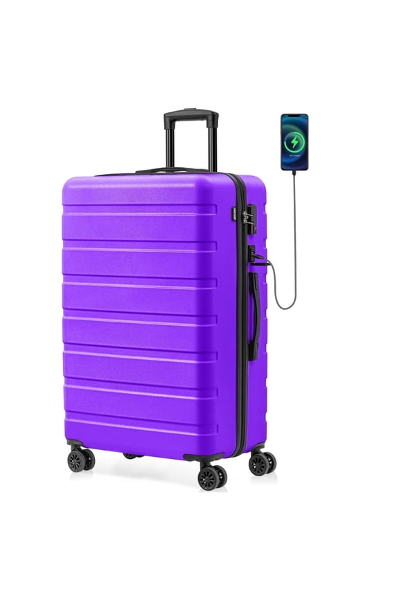 Checked Luggage PC ABS Hardside Suitcase with wheels USB Port Lightweight Luggage with TSA Lock 28 inch VioletPurple