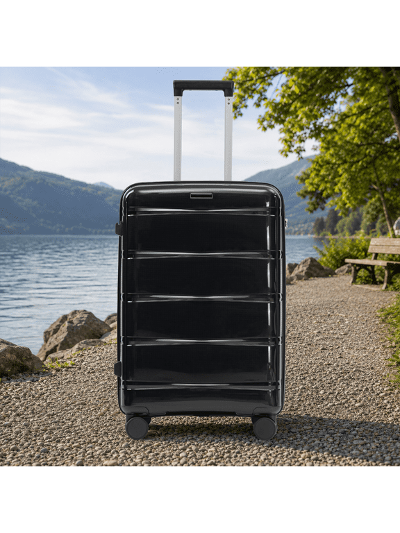 28 Inch Large Capacity PP Suitcase with Side Hook & Handle, Iron Telescopic Pull Rod, Spinner Wheels & Combination Lock, Hard Shell Checked Luggage for Long Travel (Purple)