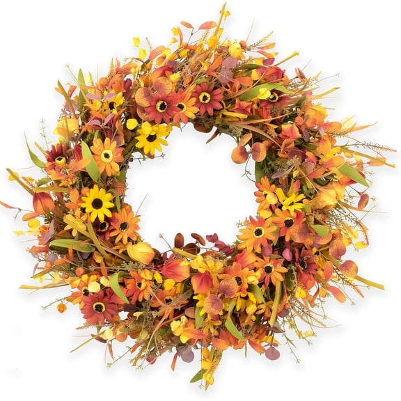 28 Inch Large Fall Wreaths for Front Door Artificial Fall Wreath Floral Autumn Wreath with Colorful Daisies Fall Foliage for Indoor Outside Door Harvest Festival Thanksgiving Day Celebration