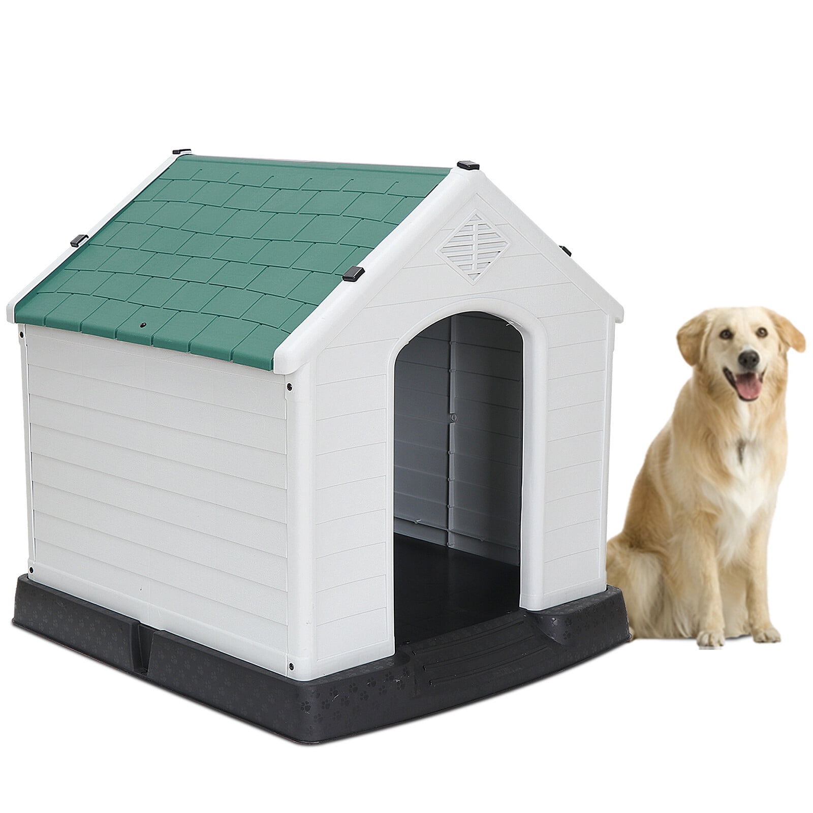 28 Inch Large Plastic Dog House, Dog Kennel Outdoor Waterproof Doghouse Casas para Perros, Puppy Shelter Elevated Floor and Air Vents Igloo Dog House, for Small Medium Large Dogs Outdoor Indoor,Green
