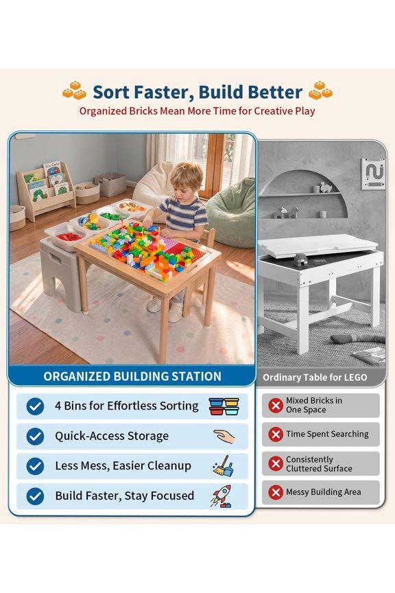 28 Inch Large Wooden Kids Activity Table with 4 Storage Bins, Reversible Pine Wood Play Desk Compatible with Lego Duplo for STEM Learning and Crafts