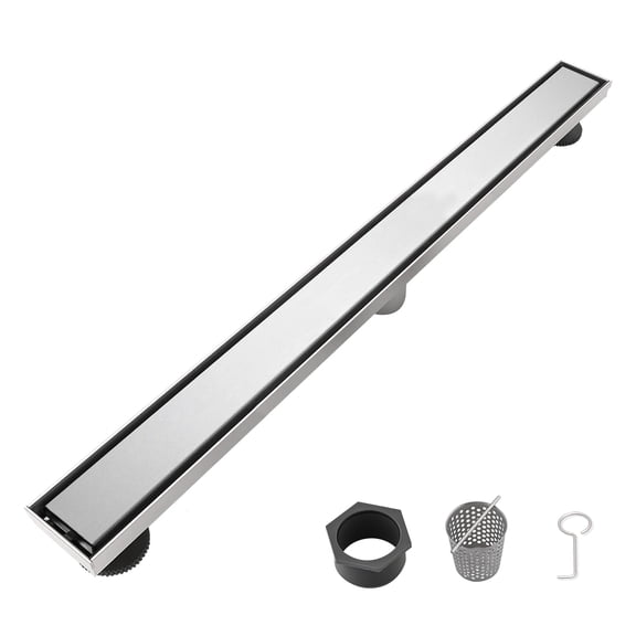 28 Inch Linear Shower Drain - 2-in-1 Flat & Tile Insert Removable Cover 304 Stainless Steel with Hair Strainer & Leveling Feet Brushed Nickel