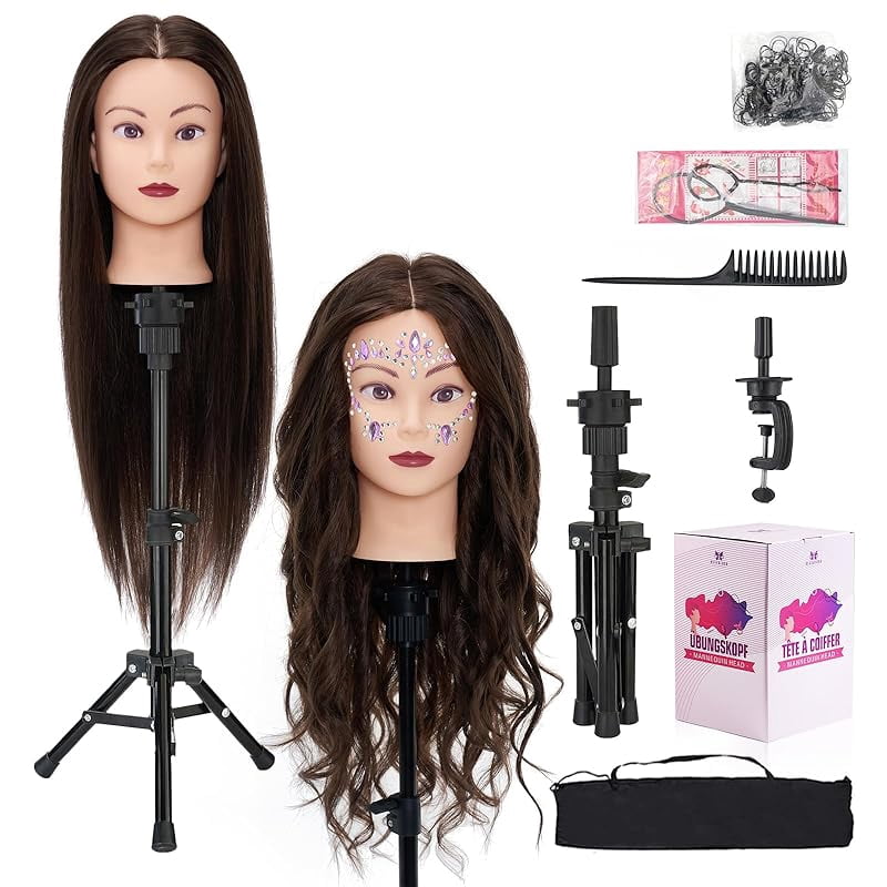 28 Inch Mannequin Head 80% Human Hair with Tripod Stand,Mannequin Cosmetology Manikin Practice Doll Head with stand,Braiding Hairdressing Head for Hair Styling with Table Clamp + DIY Hair Styling Set