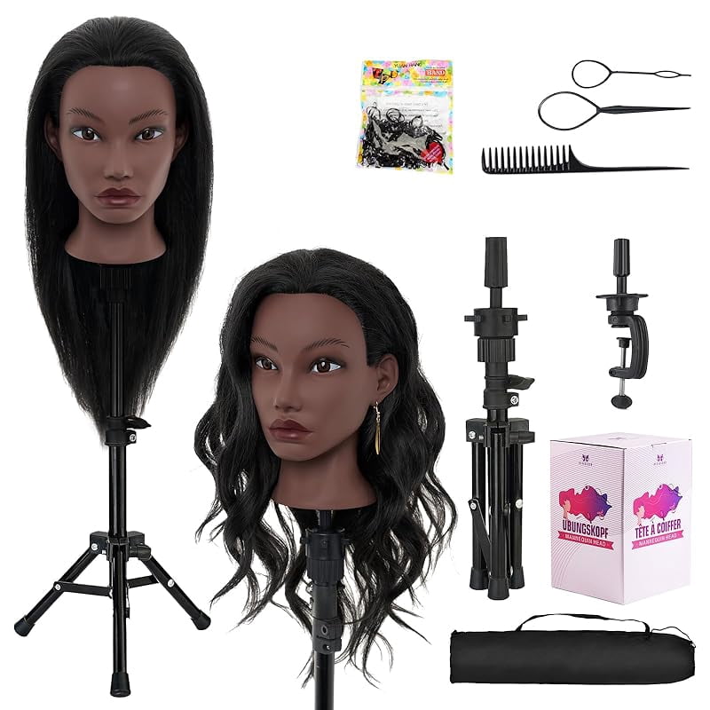 28 Inch Mannequin Head 80% Human Hair with Tripod Stand,Mannequin Cosmetology Manikin Practice Doll Head with stand,Braiding Hairdressing Head for Hair Styling with Table Clamp + DIY Hair Styling Set