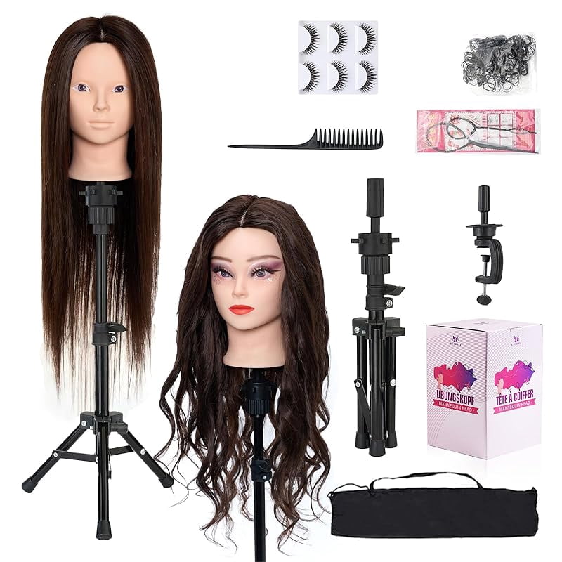 28 Inch Mannequin Head 80% Human Hair with Tripod Stand,Mannequin Cosmetology Manikin Practice Doll Head with stand,Braiding Hairdressing Head for Hair Styling with Table Clamp + DIY Hair Styling Set