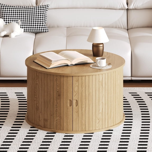 28 Inch Mid-Century Round Coffee Table, Fluted Wooden Center Table with Curved Sliding Door and Hidden Storage for Living Room