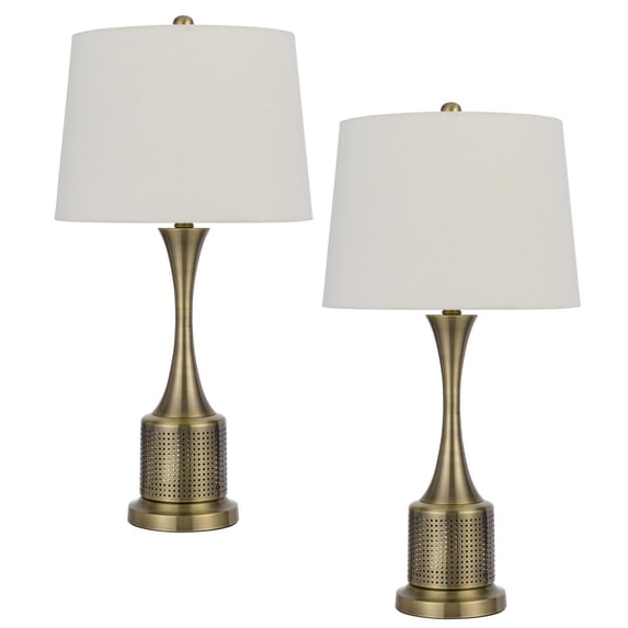 28 Inch Modern Table Lamp, Hardback Fabric Shade, Set of 2, Antique Brass