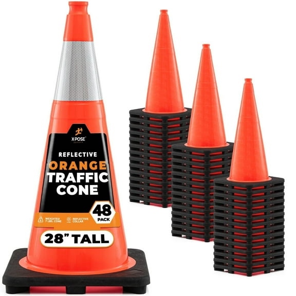 28 Inch Orange Traffic Cones with 6" Collar, 48-Pack - Multipurpose PVC Plastic Safety Cone For Parking, Soccer, Caution, Kids and Construction - By Xpose Safety