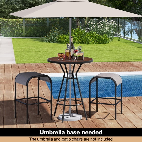28 Inch Outdoor Bar Height Table, DPC Wood-Like Tabletop Patio Bistro Table with Coverable Umbrella Hole, Stable Metal Frame Footrest & Non-Slip Pads for Backyard Garden Deck Poolside