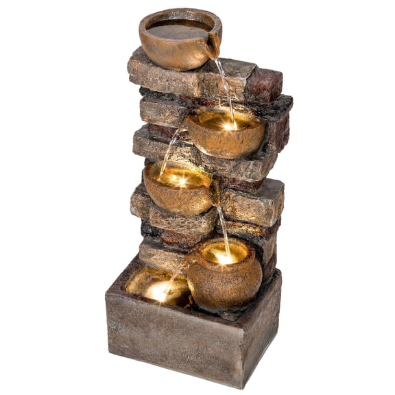 28 Inch Outdoor Fountain with 5 Tier Rustic Jugs Cascading Waterfall LED Lights Adjustable Flow Rustic Brown