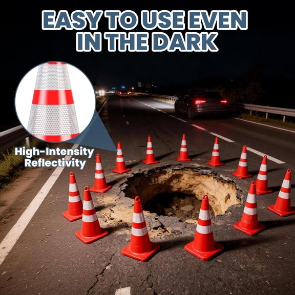 28 Inch PVC Traffic Cones, 12 Pack, Double Reflective Collar, Waterproof Sunproof with Weighted Base, Stackable Safety Road Cones for Parking, Construction, and Hazard Marking