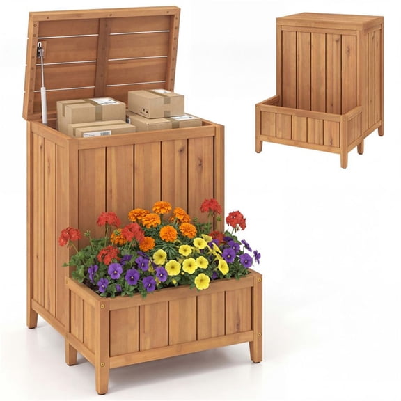 28 Inch Package Delivery Box with Gas Strut Lid Elevated Outdoor Storage Bench with Planter Box Natural Acacia Wood