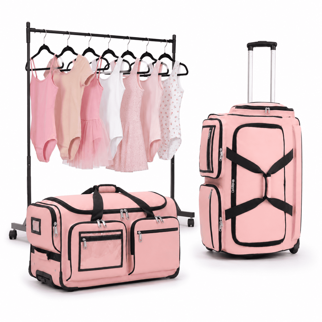 28 Inch Pink Dance Duffel Bag with Garment Rack, Rolling Wheels, and ...