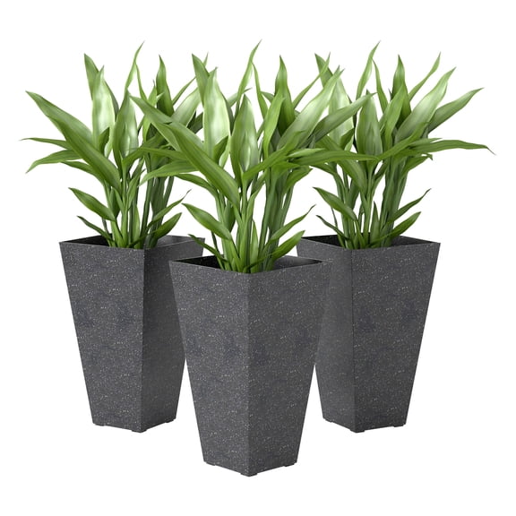28 Inch Planters, Set of 3 Black Marble Finish Plastic Flower Pots with Drainage, Stackable Tall Planters for Indoor Outdoor Plants, Patio Balcony Decor