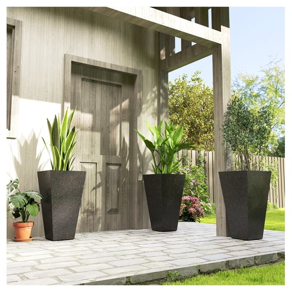 28 Inch Planters, Set of 3 Plastic Flower Pots - Marble Finish, Drainage, Stackable Tapered Pots for Indoor/Outdoor Plants - Brown