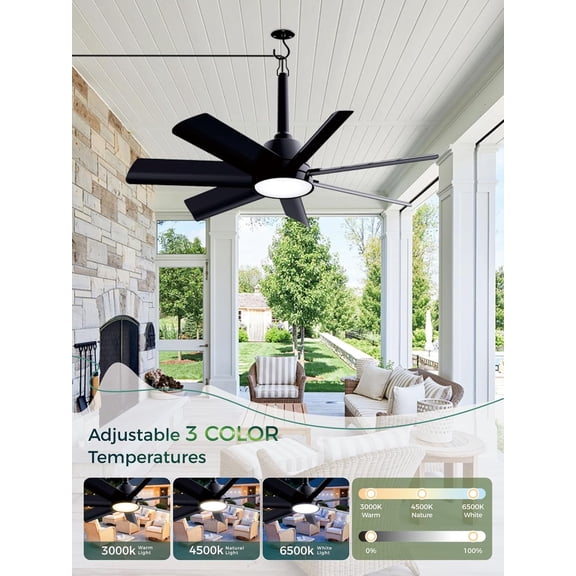 28 Inch Plug-In Outdoor Ceiling Fan with Light and Remote, Waterproof Hanging Fan Light with Hook, 6 Speed, Reversible, 3000k-6000k LED, Portable Fan for Camping, Patios, Porch, RV (Black)