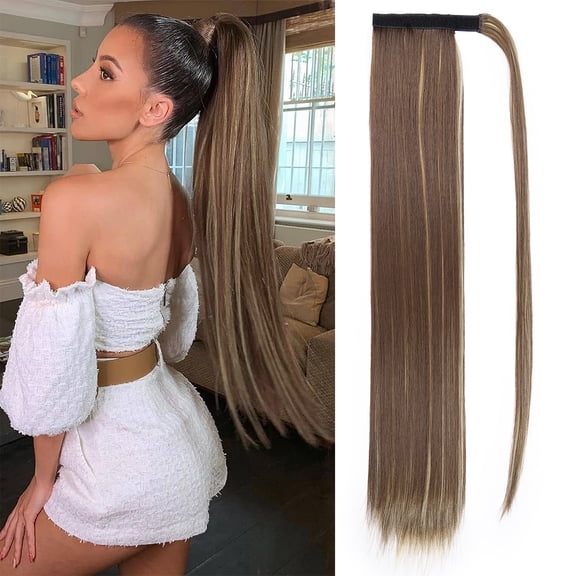 28 Inch Ponytail Extension, Long Straight Wrap Around Clip in Ponytail Hair Extensions Synthetic Soft Fake Pony Tail Hairpieces