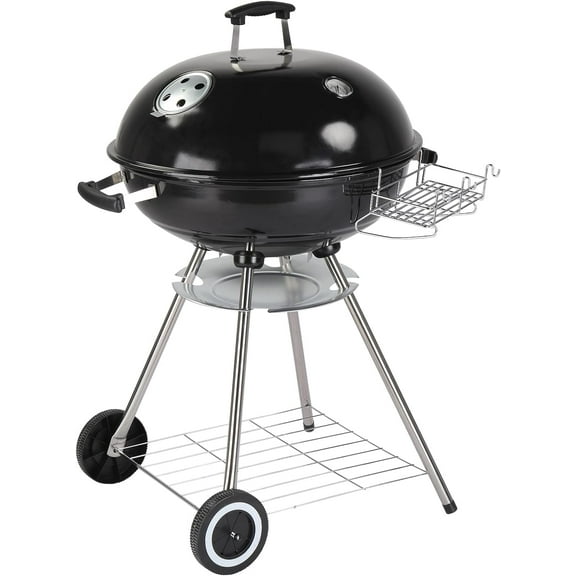 28-Inch Portable Charcoal Grill with Wheels and Storage Holder, Porcelain-Enameled Lid and Ash Catcher & Thermometer, Round Barbecue Kettle Grill Bowl Wheels for Outdoor Party Camping Picnic