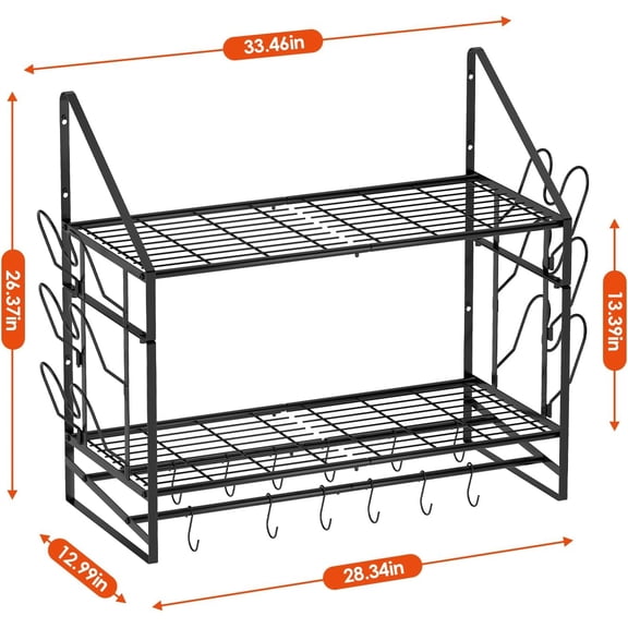 28-Inch Pot Rack Wall Mounted, 2-Tier Pots and Pans Hanger with 12 Hooks, Pot and Pan Hanging Rack for Wall, 6 Pot Lid Holders, Heavy-Duty Pot Hanger for Kitchen Cookware and Utensils, Black