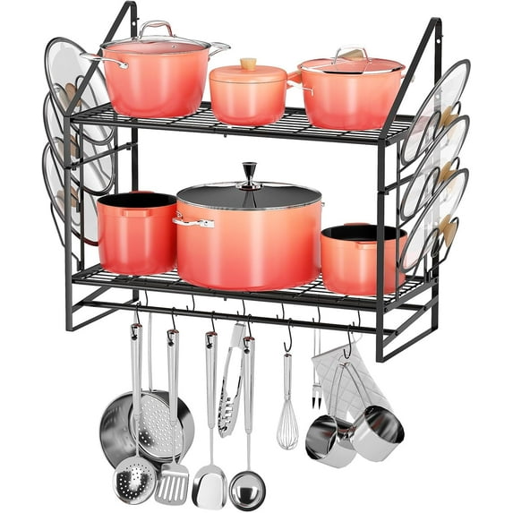 28 Inch Pot Rack Wall Mounted, 2-Tier Pots and Pans Organizer with 12 Hooks & Pan Organizer and 6 Pot Lid Holders, Heavy Duty Hanging Pot Hanger for Kitchen Cookware, Utensils, Black