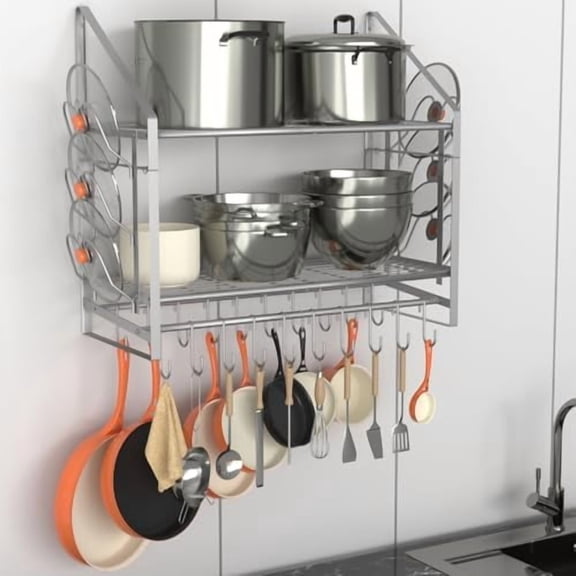 28 Inch Pot Rack Wall Mounted, 2 Tier Pots and Pans Organizer with 20 Hooks and 6 Pot Lid Holders, Heavy Duty Steel Pot and Pan Hanger for Kitchen Cookware Utensils Storage, Silver