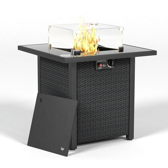 28 Inch Propane Fire Pit Table, Rattan, Wicker-Look, 50000 BTU Gas Firepits Tempered Glass Tabletop with Glass Windscreen Protector for Outside Patio and Garden, Coffee
