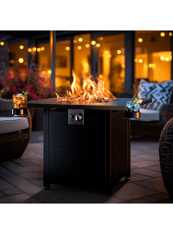 28 Inch Propane Fire Pits with Lid and Lava Rock, 50000 BTU Steel Gas Fire Pit Table for Outdoor