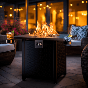 Philergo 28 Inch Propane Fire Pits with Cup Holders, 50000 BTU Steel Gas Fire Pit Table with Lid and Lava Rock for Outdoor