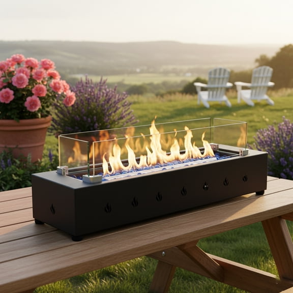 28-Inch Rectangle Fire Pit, 40000BTU Outdoor Propane Fire Pit, Wind-Resistant Firepits, Durable Steel Stylish Glass Beads Design