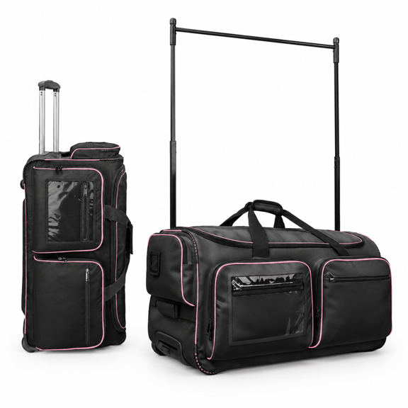 28 Inch Rolling Garment Bag with Rack for Performers, Black Pink