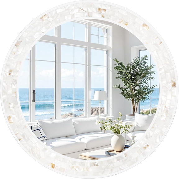 28 Inch Round Bathroom Mirror with Natural Shell Frame