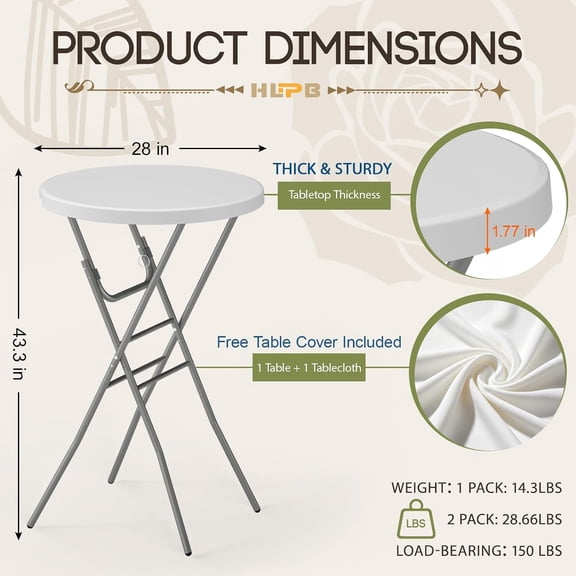 28 Inch Round Folding Table with Cover, Foldable Bar Height Cocktail Table with Removable Legs for Parties  Backyard Wedding Dining White