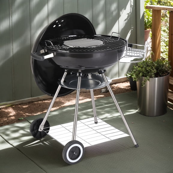 28 Inch Round Kettle Charcoal Grill with Wheels, Porcelain Enameled Lid, Ash Catcher & Thermometer for Outdoor Picnic