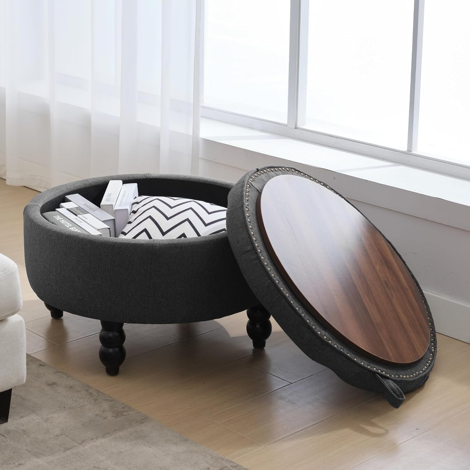 28 Inch Round Storage Ottoman, Large Upholstered Tufted Storage Ottoman ...