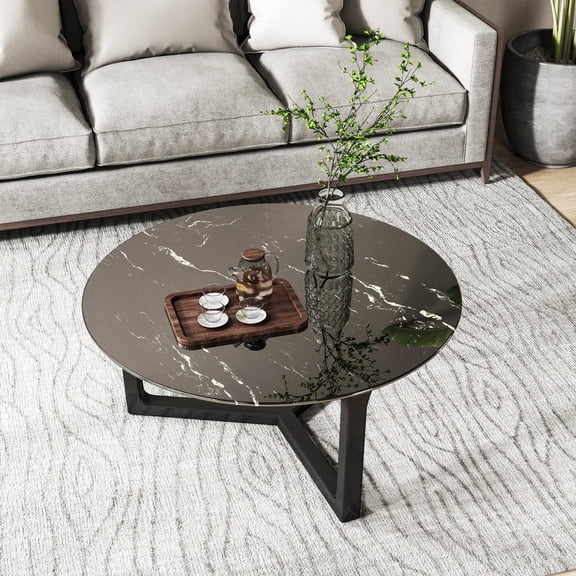 28 Inch Round Tempered Glass Table Top, Round Black Glass Desktop with Marble Design, 3/10 Inch Thick Tempered Glass, DIY Replacement and Cover Desktop for Dining Table, Coffee Table, Office Table