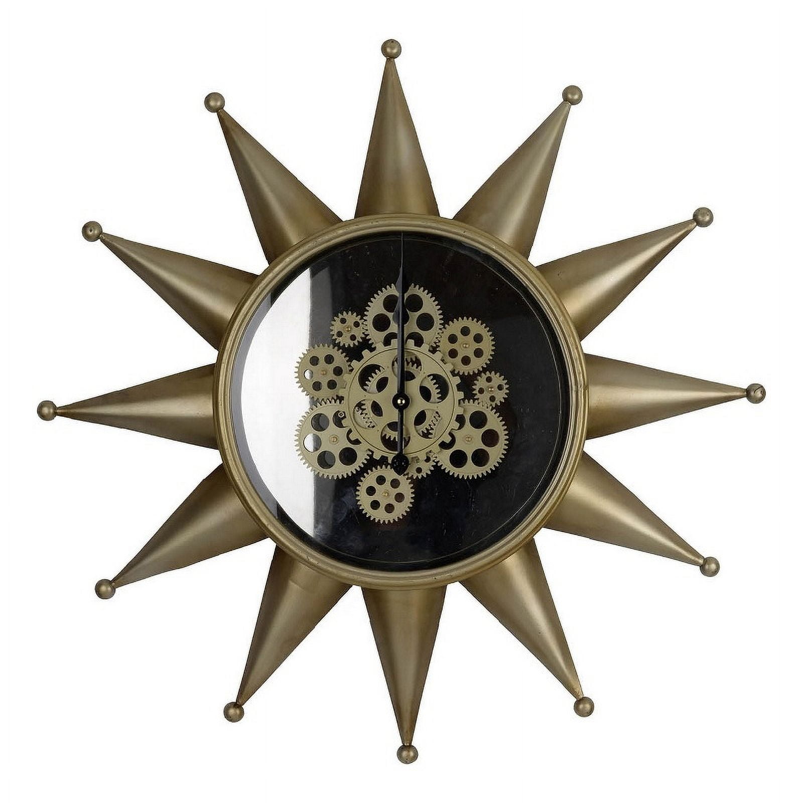 28 Inch Round Wall Clock Sun Shaped Frame Rich Brown Bold Jet Black ...
