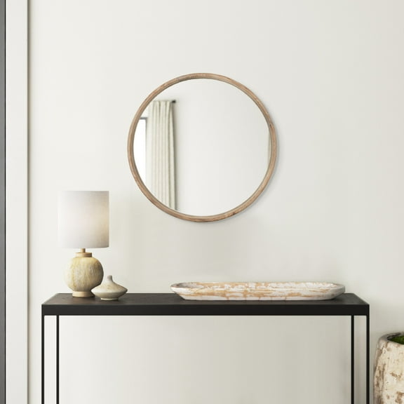 28 Inch Round Wall Mount Accent Mirror, Natural Fir Wood with Subtle Grains- Saltoro Sherpi
