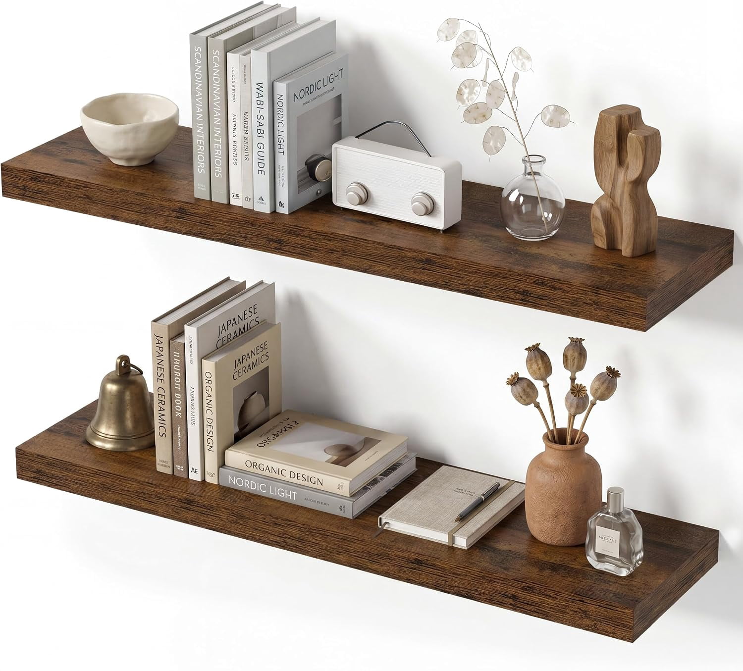 28 Inch Rustic Brown Floating Wall Shelves, Set of 2 Wall Mounted ...