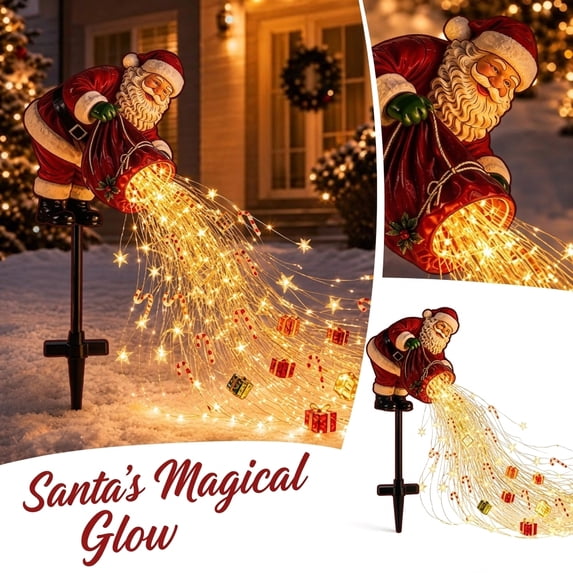 28 Inch Santa’s Magic Pour Solar Garden Lights With Gifts Bag Ground Floor Lamp, Star Candy Cane Gift Box LED String Lights Outdoor Christmas Decorations for Yard Lawn Walkway Patio Garden Pathway