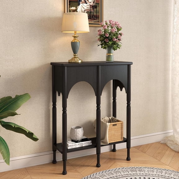 28-Inch Small Retro Console Table with Roman-Style Legs and 2-Tier Storage Shelf, for Entryway or Living Room, Black