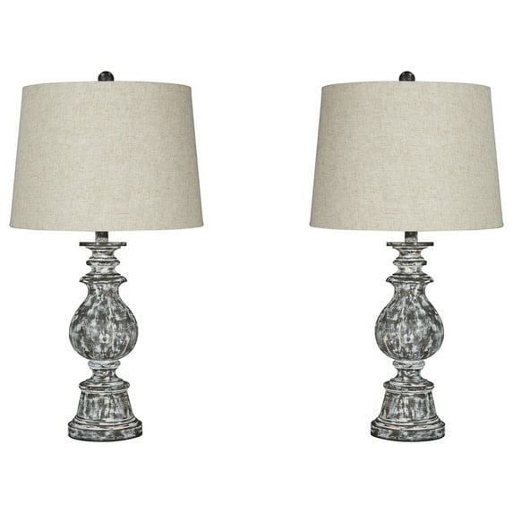 28 Inch Table Lamp, Pedestal Faux Wood Support, Set of 2, Gray